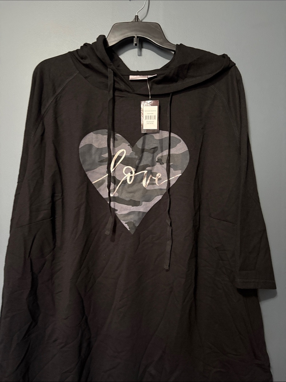 Avenue Black Hooded Tunic with Camouflage Heart and 'Love' Script